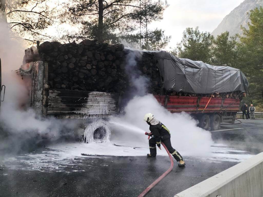 Muğla'da seyir halindeki tomruk yüklü tırda çıkan yangın hasara yol açtı